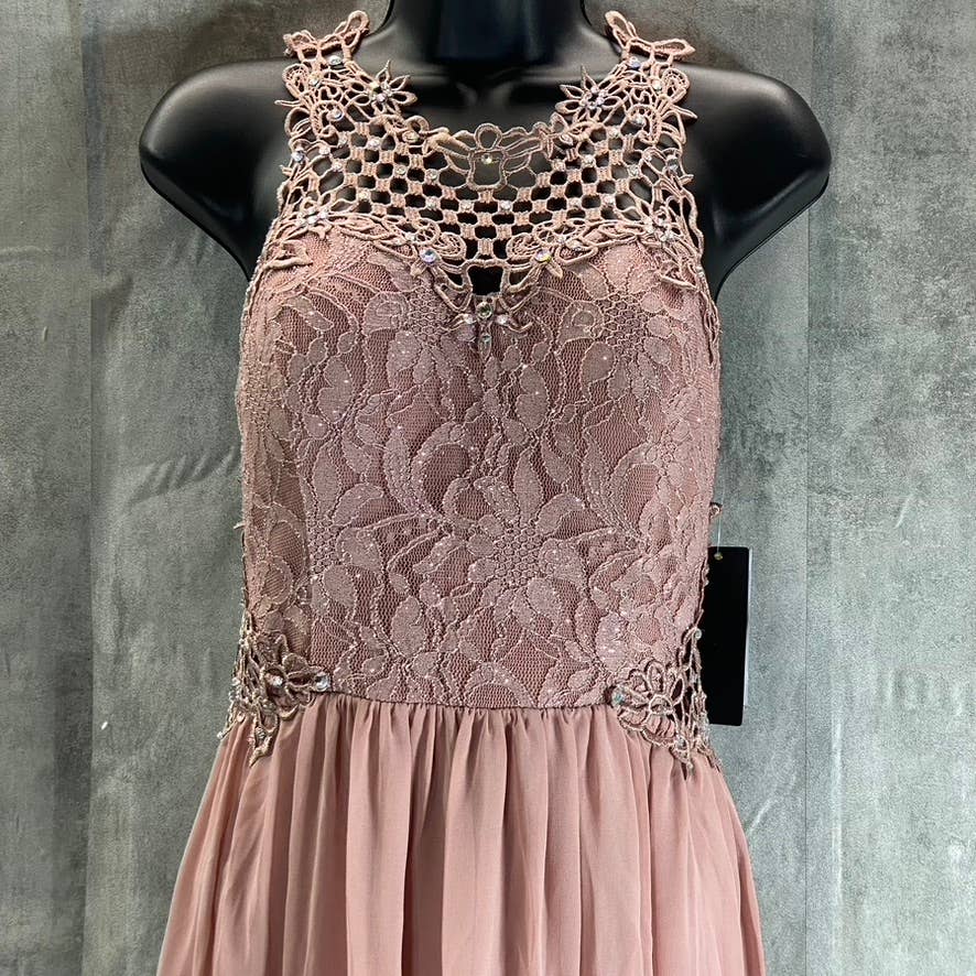 CITY STUDIO Juniors' Pink Scalloped Lace Embellished Illusion Tulip Gown SZ 11