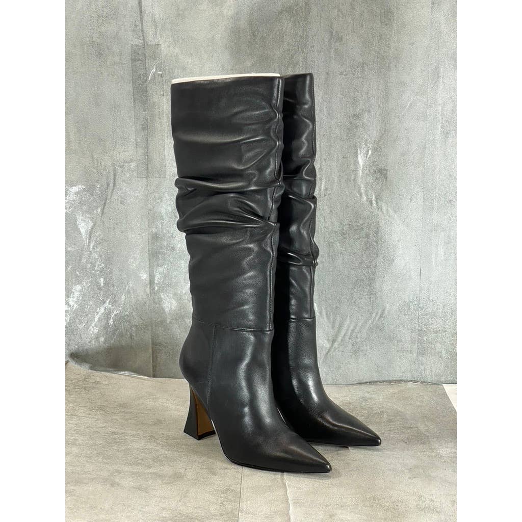 VINCE CAMUTO Women's Black Leather Alinkay Pointed-Toe Flared-Heel Boots SZ 6.5