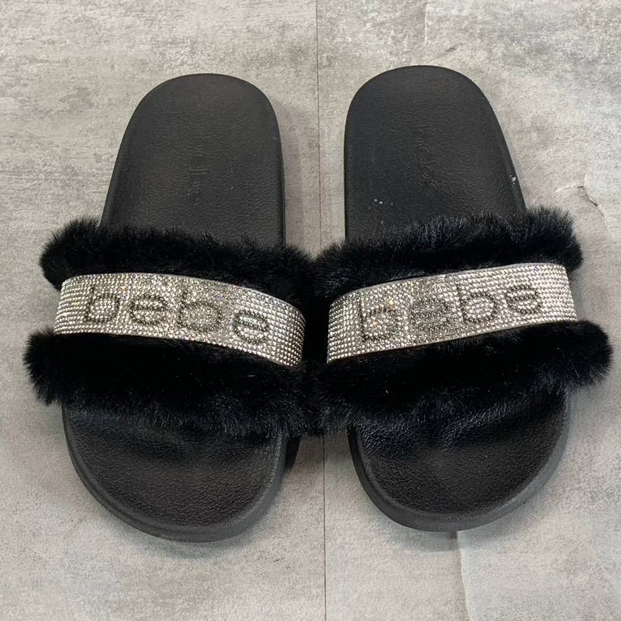 BEBE Women's Flynna Faux-Fur Rhinestone Embellished Slide Sandals SZ 7