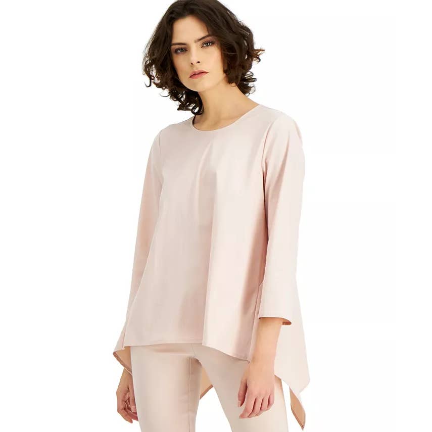 ALFANI Women's Top Prairie Rose Round-Neck 3/4 Sleeve Asymmetrical Hem Top SZ L