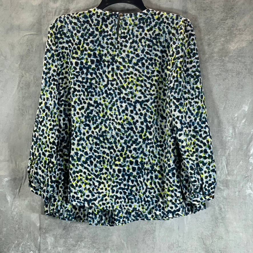 DKNY Women's Blue Animal-Printed Pleated Crewneck 3/4 Sleeve Top SZ M