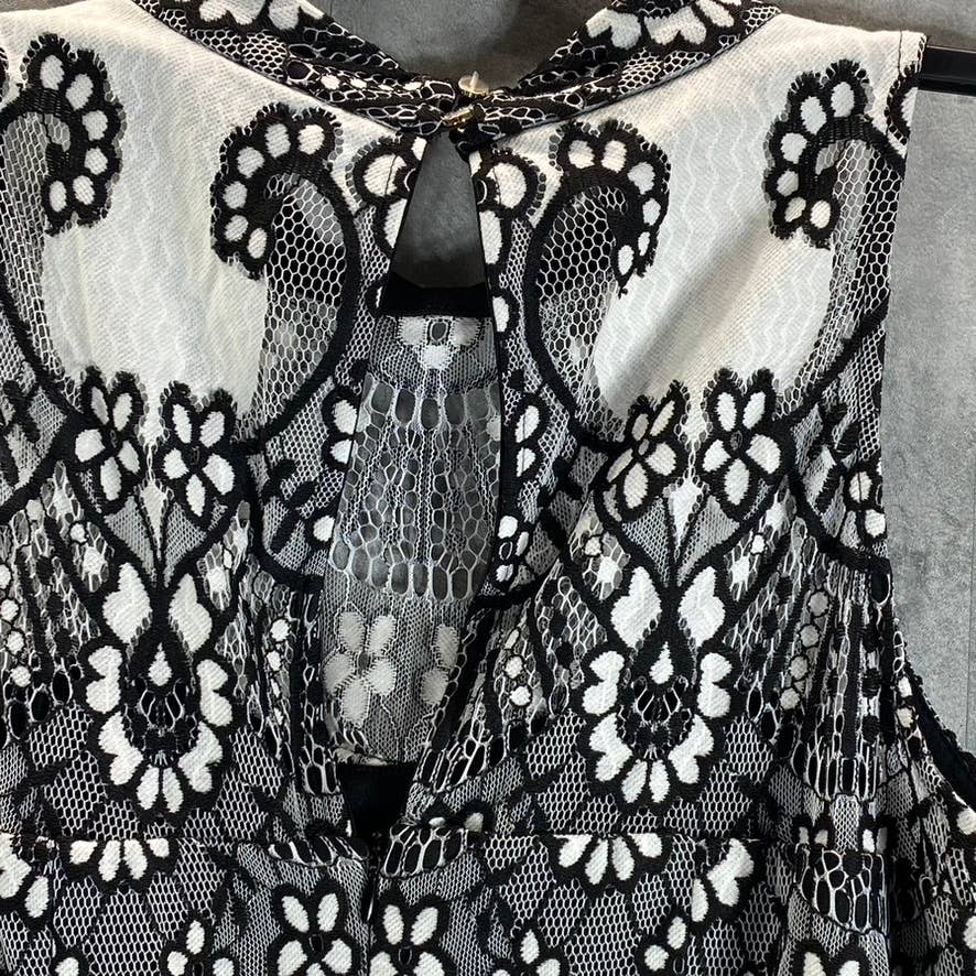 KENSIE Women's Black-White Sleeveless Halter Illusion Lace Embroidered Dress