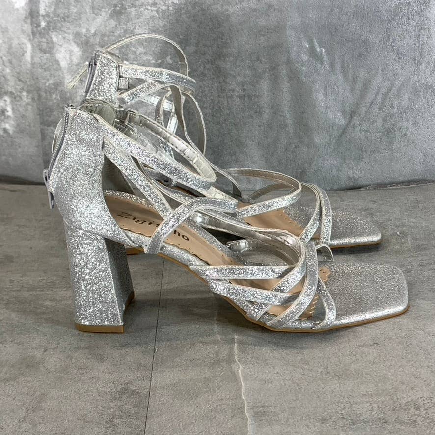 ZIGI SOHO Women's Silver Glitter Emila Strappy Square-Toe Sandals SZ 8