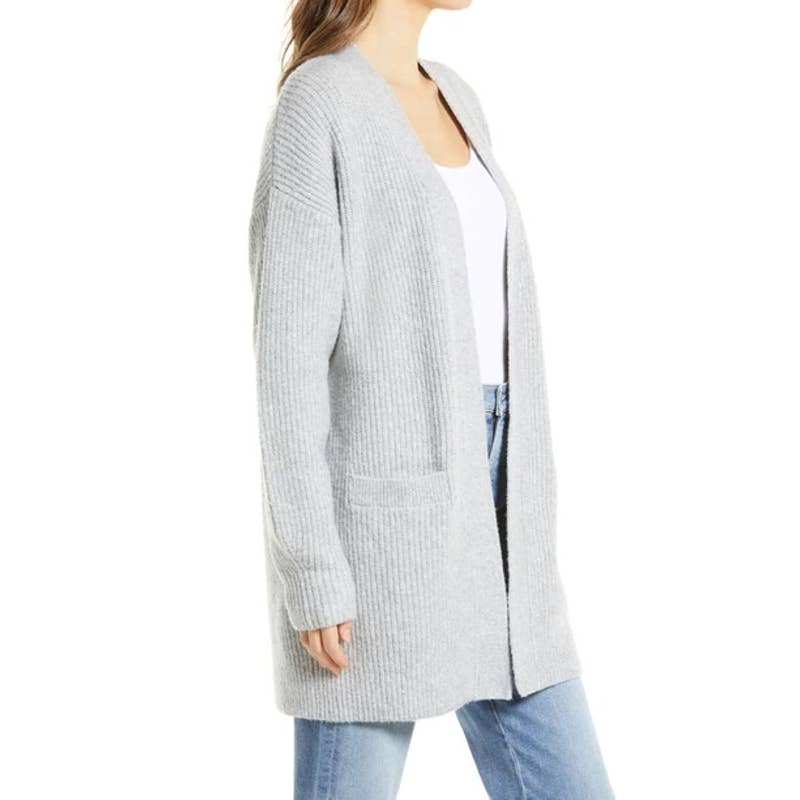 HALOGEN Women's Grey Dark Heather Rib Knit Open-Front Long Cardigan SZ S