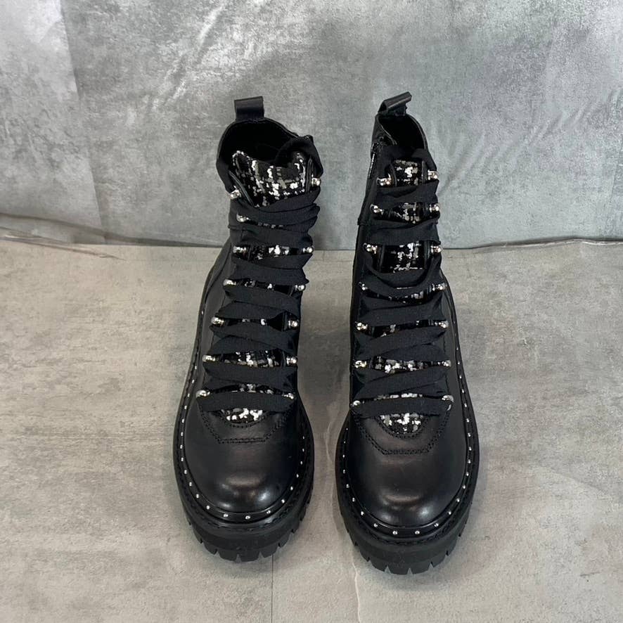 STEVE MADDEN Women's Black Leather Rainier Lace-Up Woven Lug-Sole Boots SZ 6.5