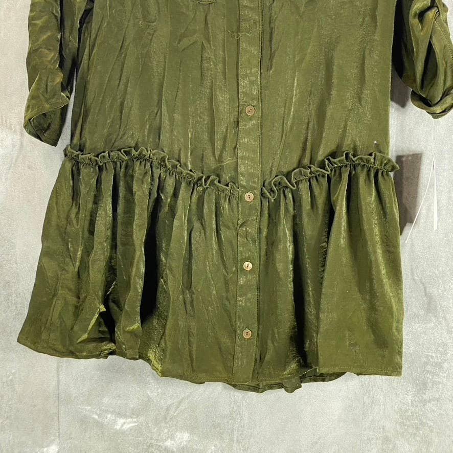 KINGSTON GREY Juniors' Olive Ruffle-Hem Long-Sleeve Button-Front Shirtdress SZXS