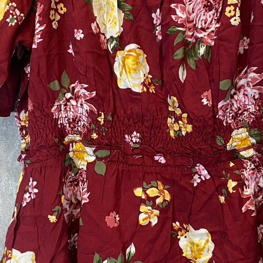 DEREK HEART Women's Biking Red Floral Smocked Peplum Top SZ M