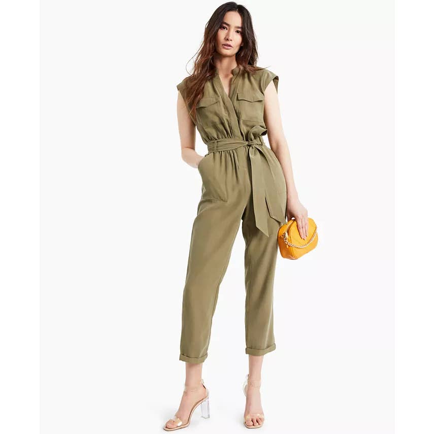 INC INTERNATIONAL CONCEPTS Women's Deep Black Split-Neck Belted Utility Jumpsuit