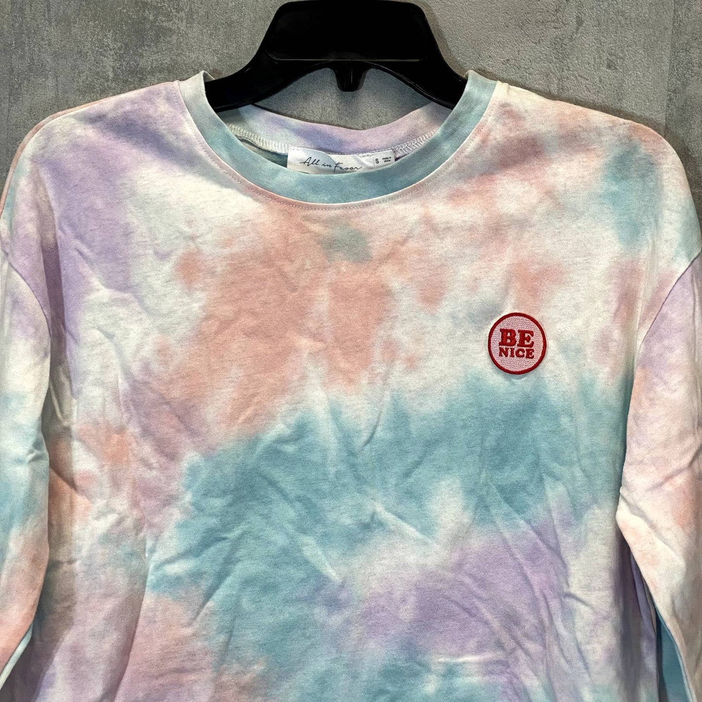 ALL IN FAVOR Women's Purple Peach Tie-Dye Be Nice Crewneck Crop Top SZ S