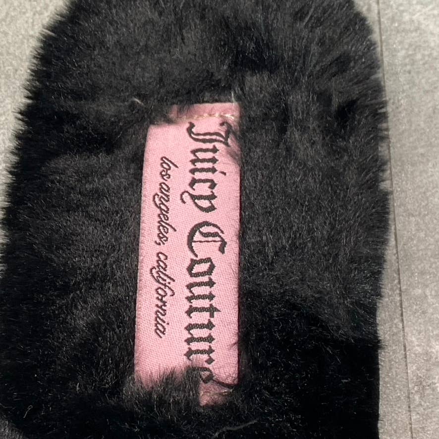 JUICY COUTURE Women's Black Faux-Fur Gwenno Crown Memory Foam Slide Slippers SZ7