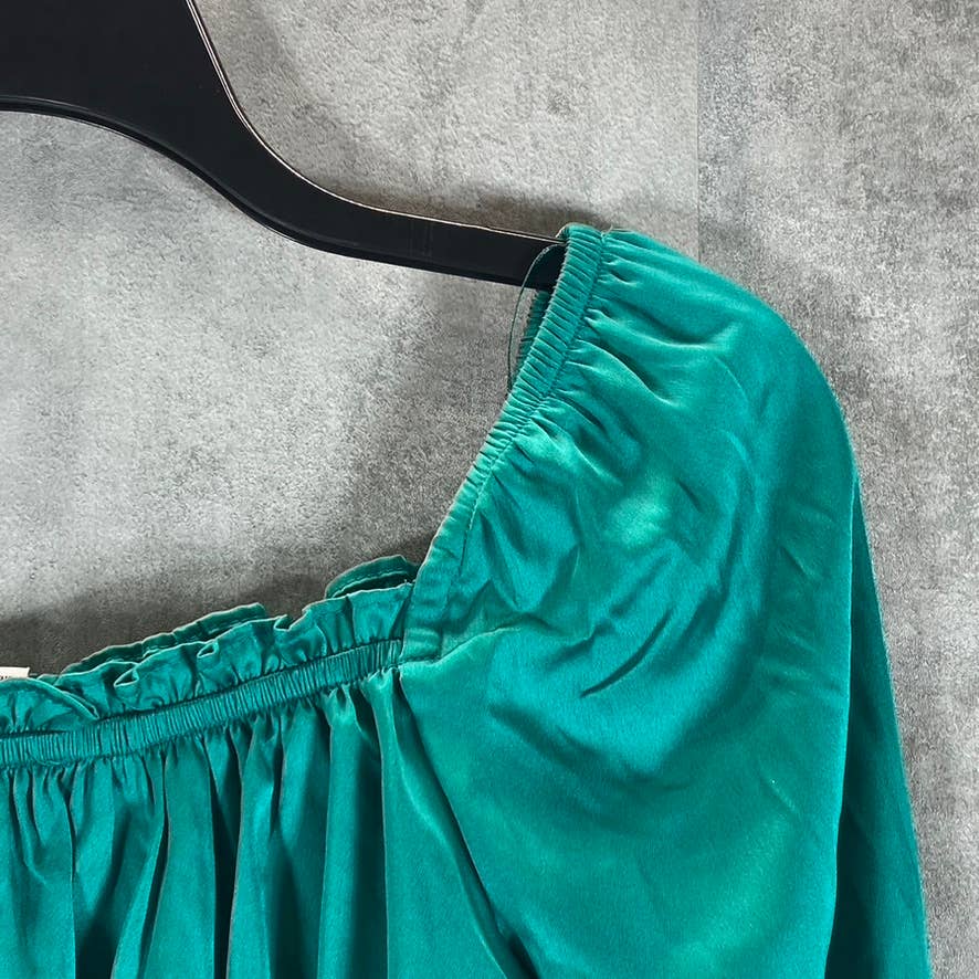 BAR III Women's Mid Green Satin Square-Neck Smocked Puff-Sleeve Top SZ XS