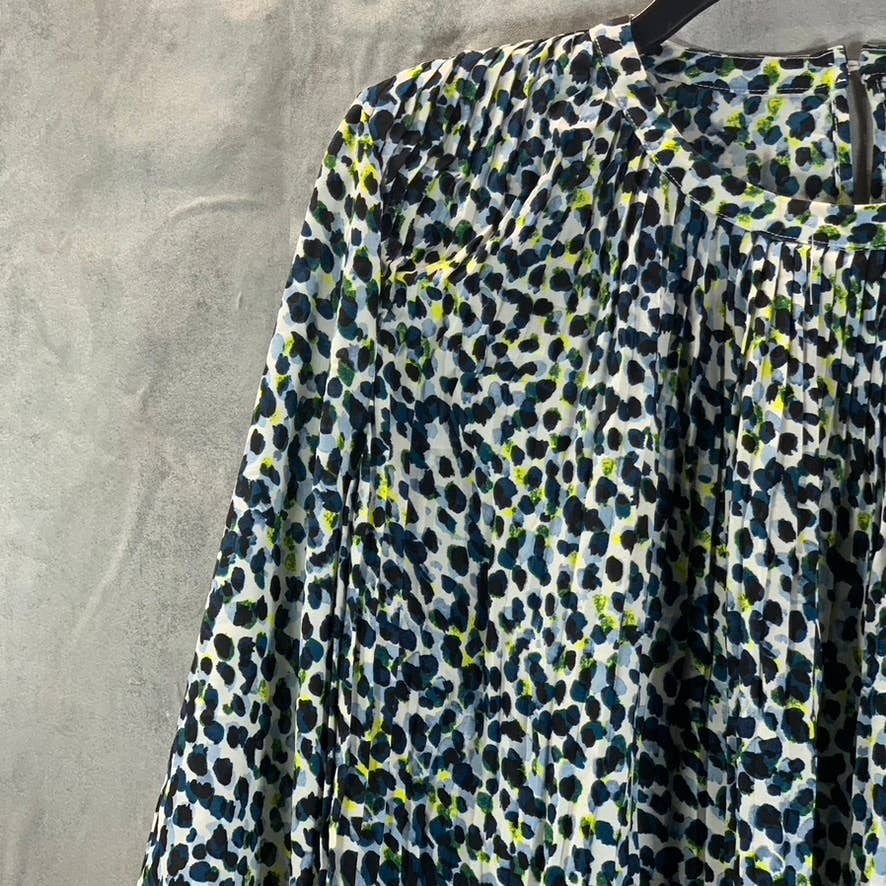 DKNY Women's Blue Animal-Printed Pleated Crewneck 3/4 Sleeve Top SZ M