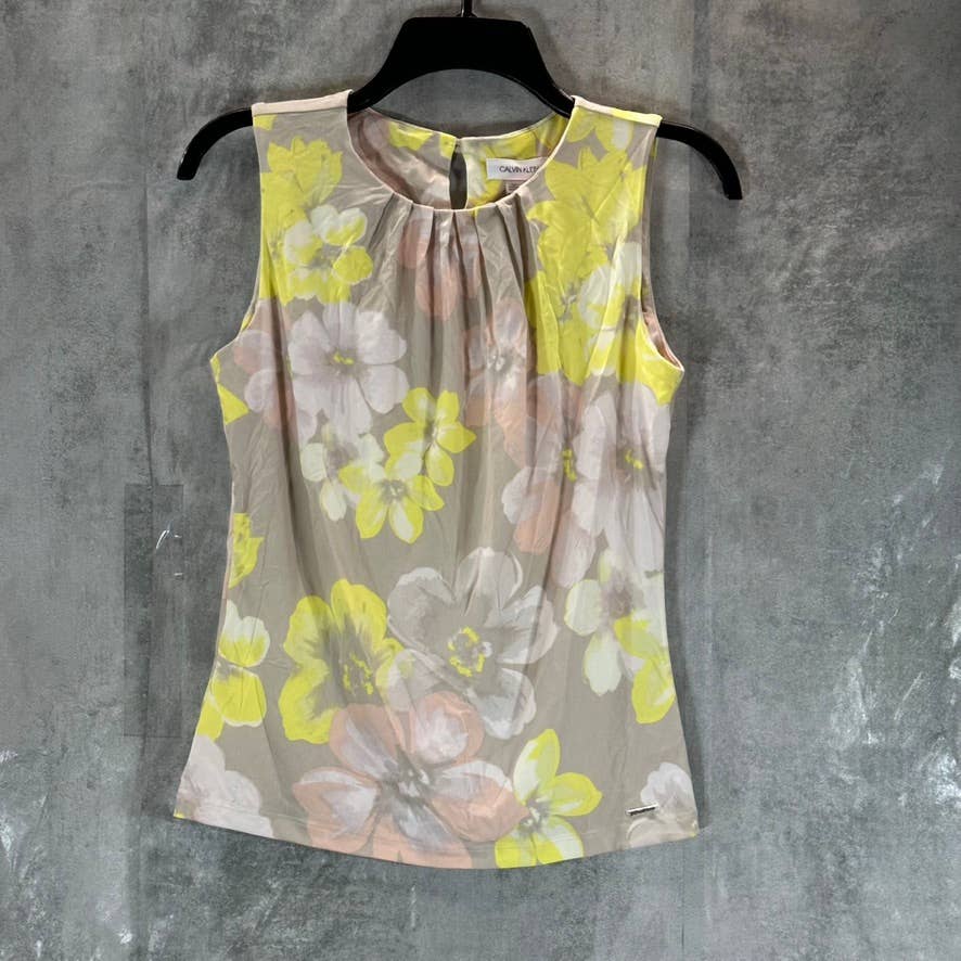 CALVIN KLEIN Women's Petite Yellow/Tan Pleated Crewneck Sleeveless Top SZ P/XS