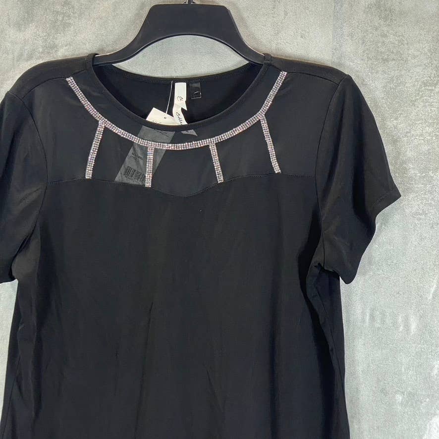 NY COLLECTION Women's Black Mesh Yoke Rhinestone Detail Crepe Knit Top SZ L