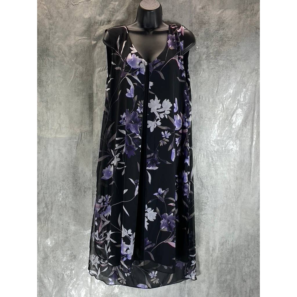 CONNECTED APPAREL Women's Grape Floral-Print Sleeveless Chiffon Overlay Dress