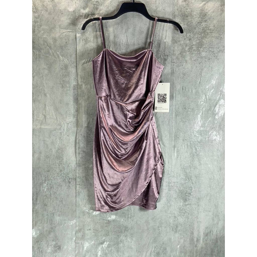EMERALD SUNDAE Juniors' Purple Satin Ruched Asymmetrical Bodycon Mini Dress SZ S