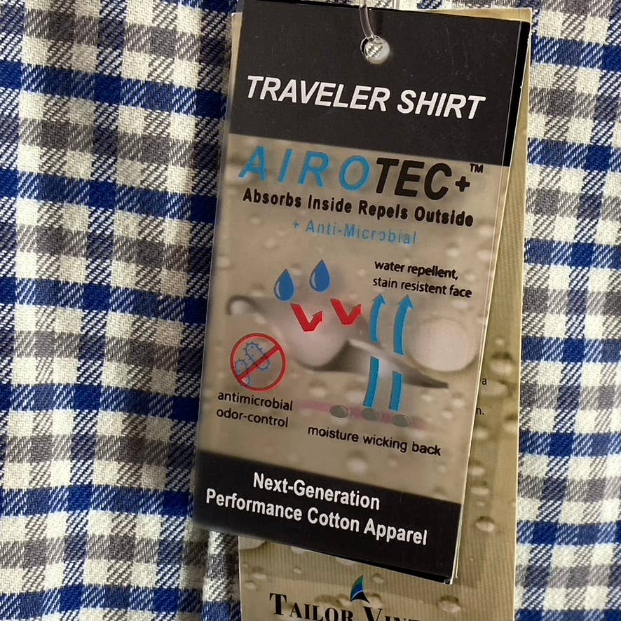 TAILOR VINTAGE Men's Airotec Performance Blue Gingham Long-Sleeve Button-Up Shirt SZ XL