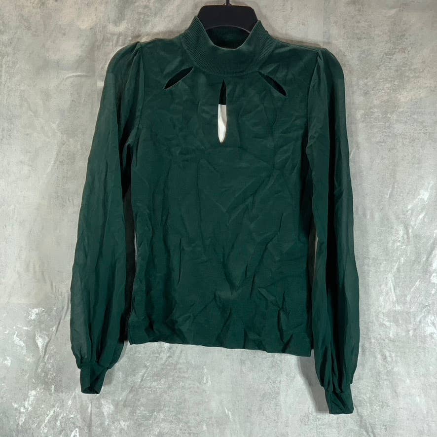 INC INTERNATIONAL Women's Dark Green Mock-Neck Cutout Long Puff Sleeve Top SZ S