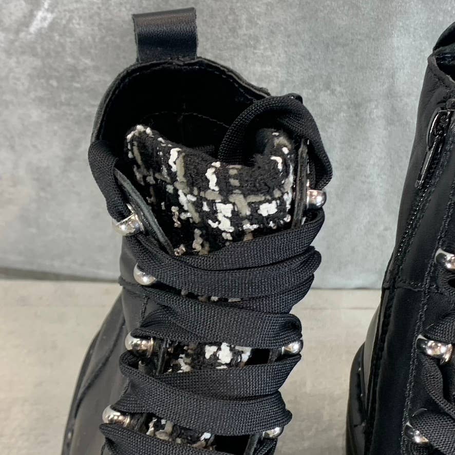 STEVE MADDEN Women's Black Leather Rainier Lace-Up Woven Lug-Sole Boots SZ 6.5