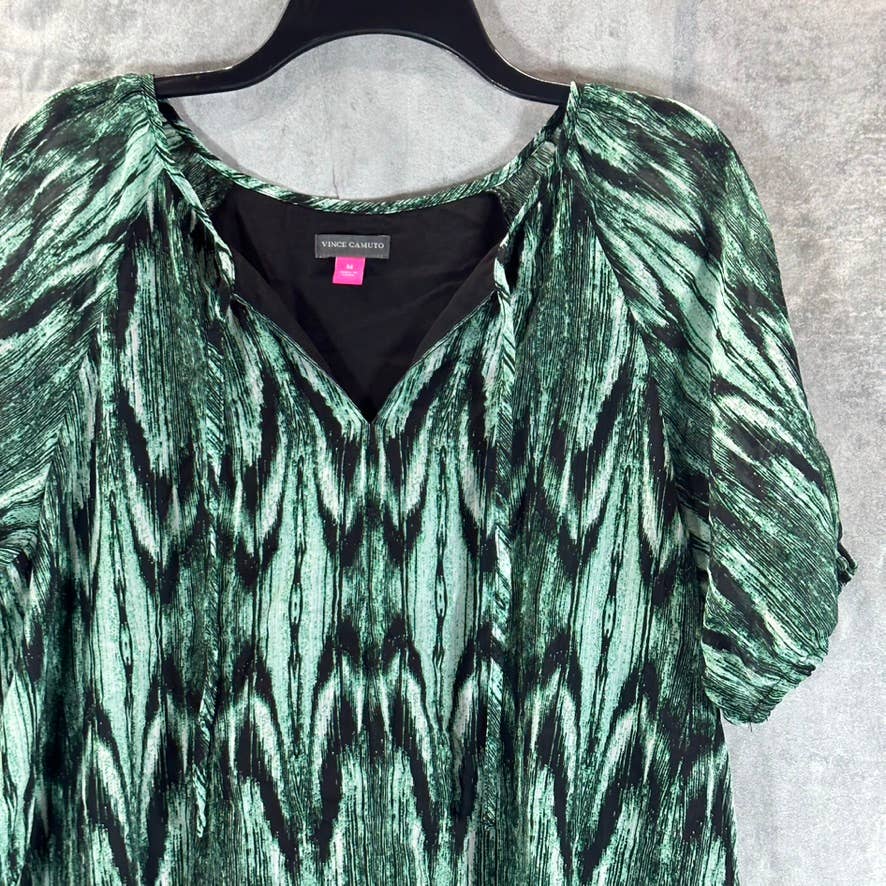 VINCE CAMUTO Women's Rich Black Tie-Neck Abstract-Print Puff-Sleeve Top SZ M