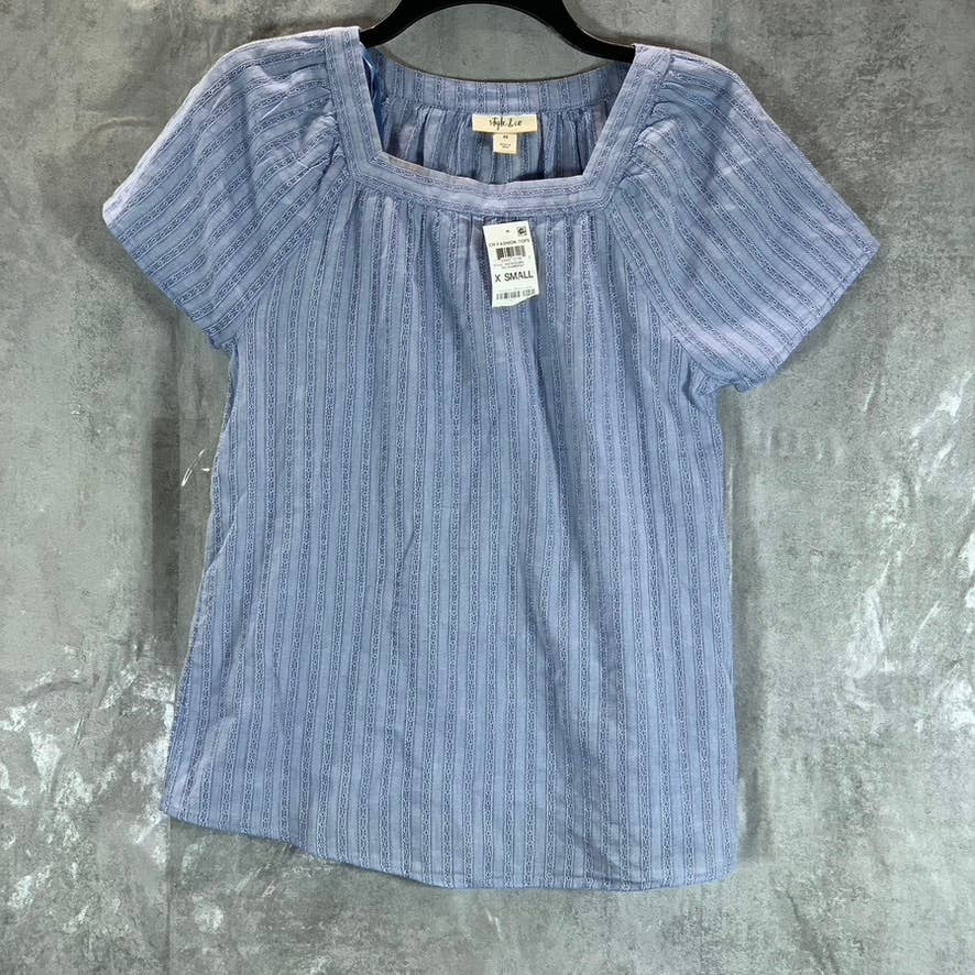 STYLE & CO Women's Pg Chambray Square-Neck Short-Sleeve Pointelle Top SZ XS
