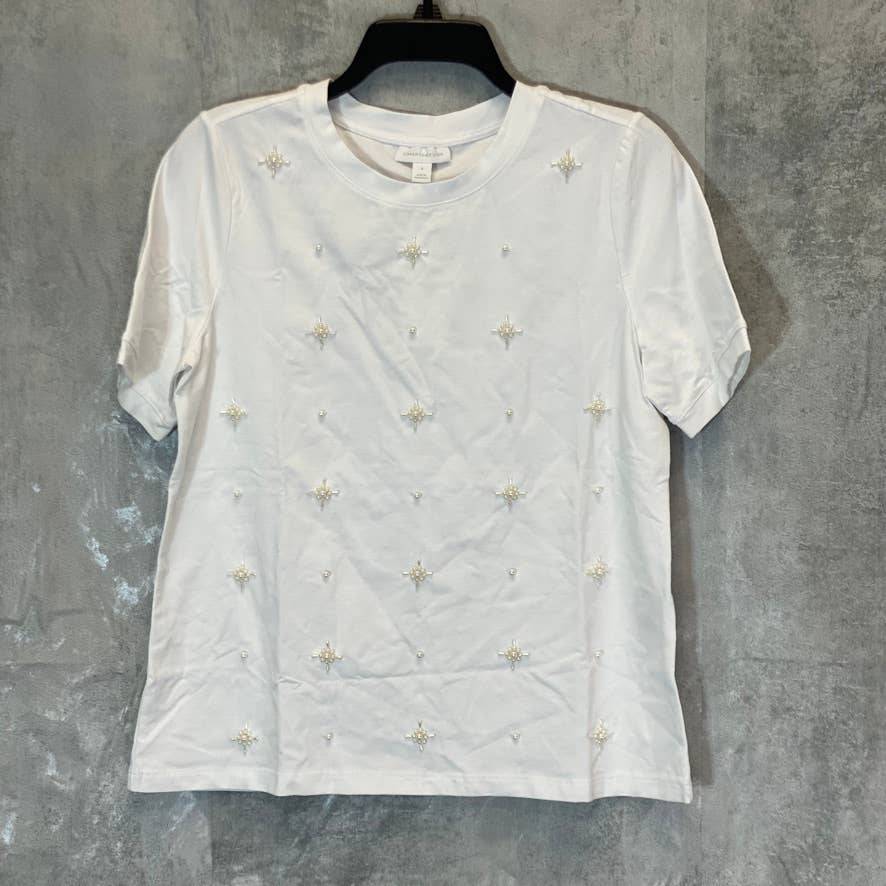 CHARTER CLUB Women's Bright White Bead-Embellished Crewneck Short Sleeve Top SZ S