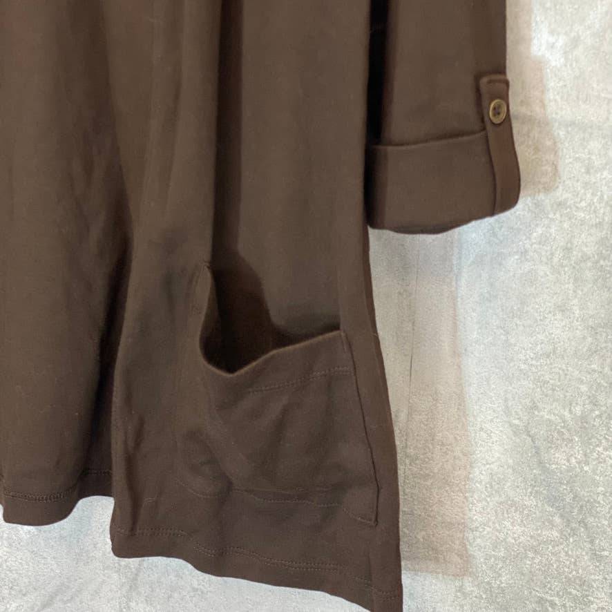 KAREN SCOTT Women's Chocolate 2-Pocket 3/4 Tab Sleeve Collarless Open Front Cardigan SZ M