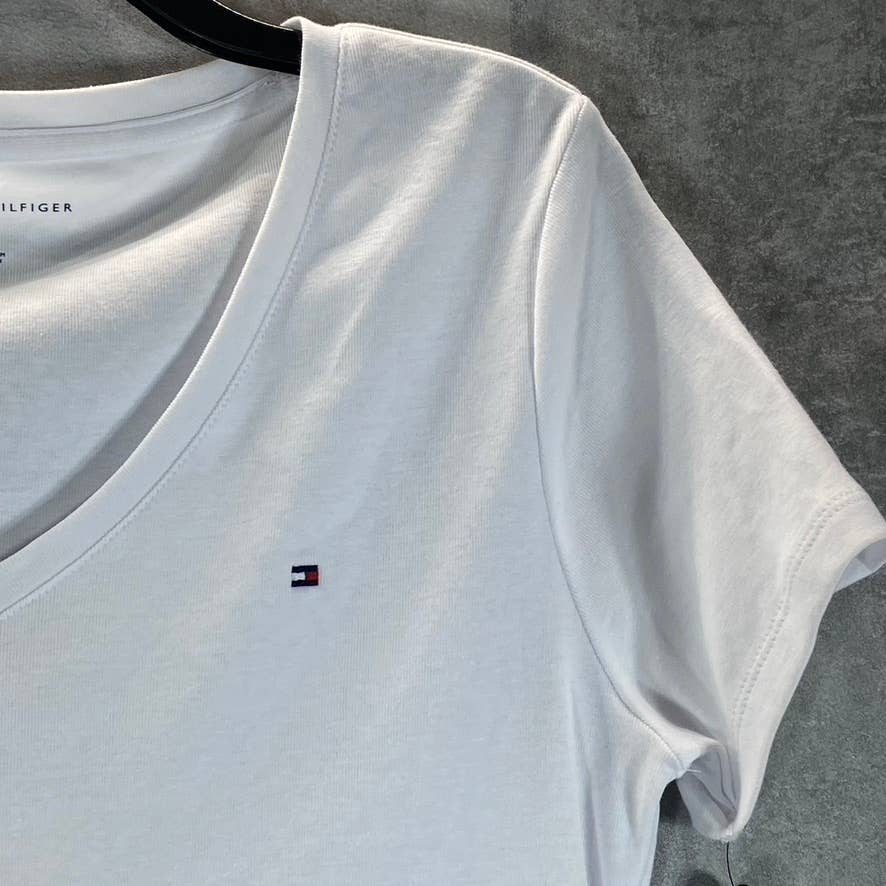 TOMMY HILFIGER Women's Classic White V-Neck Flag Logo Short-Sleeve Tee SZ S