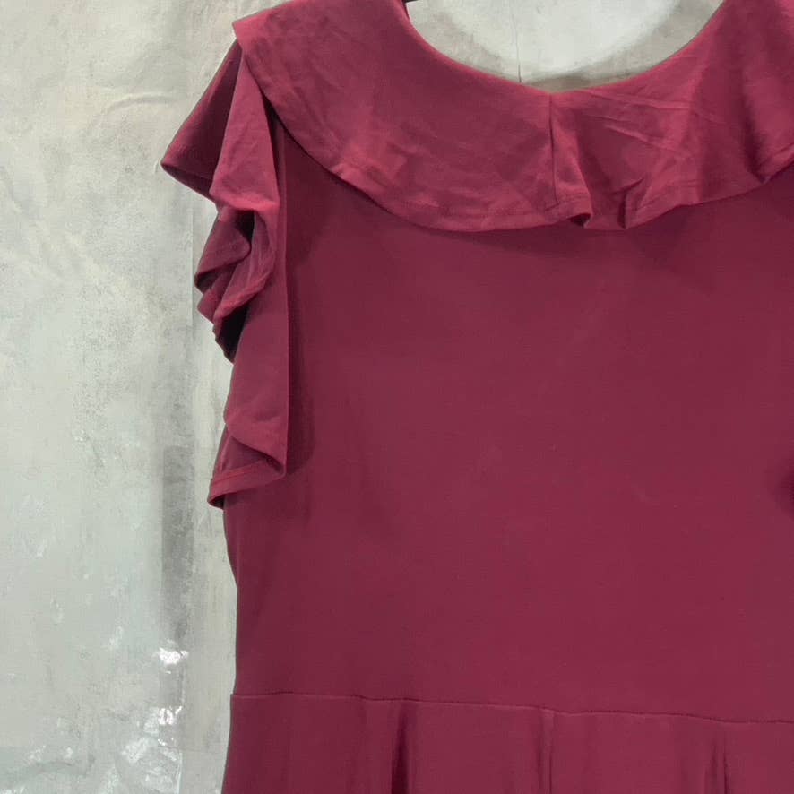 NY COLLECTION Women's Deep Burgundy Ruffle Faux-Wrap Flutter Sleeve Midi Dress L
