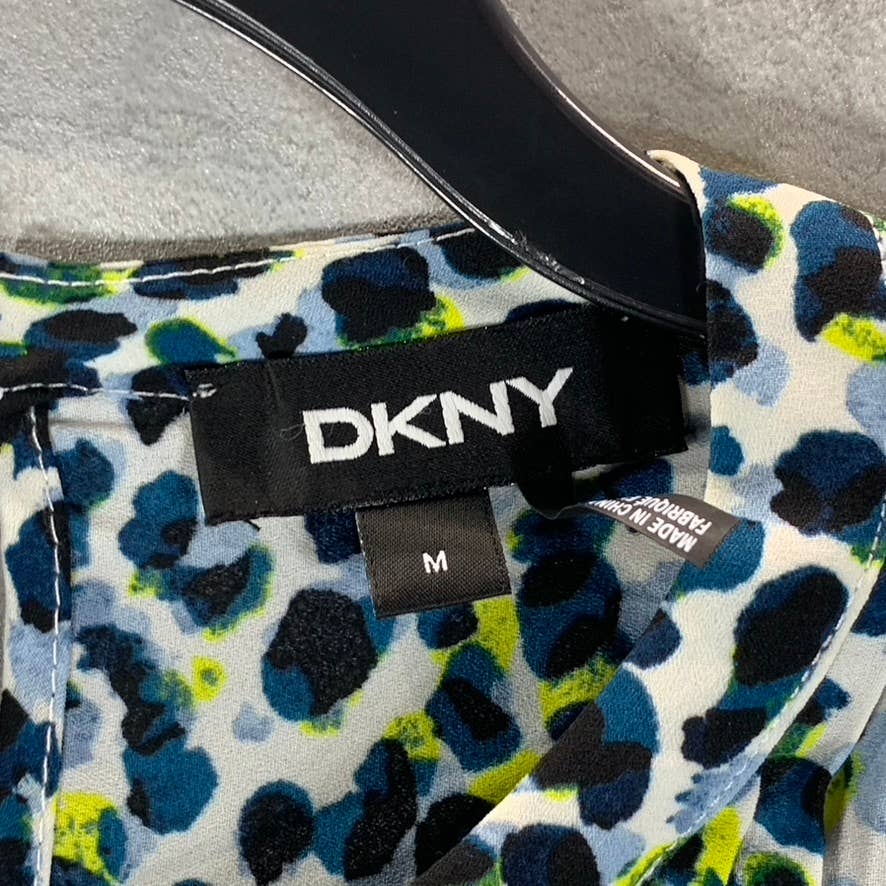 DKNY Women's Blue Animal-Printed Pleated Crewneck 3/4 Sleeve Top SZ M