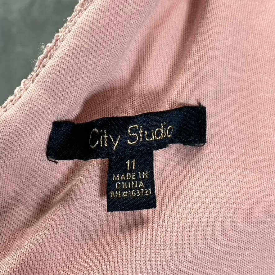 CITY STUDIO Juniors' Pink Scalloped Lace Embellished Illusion Tulip Gown SZ 11