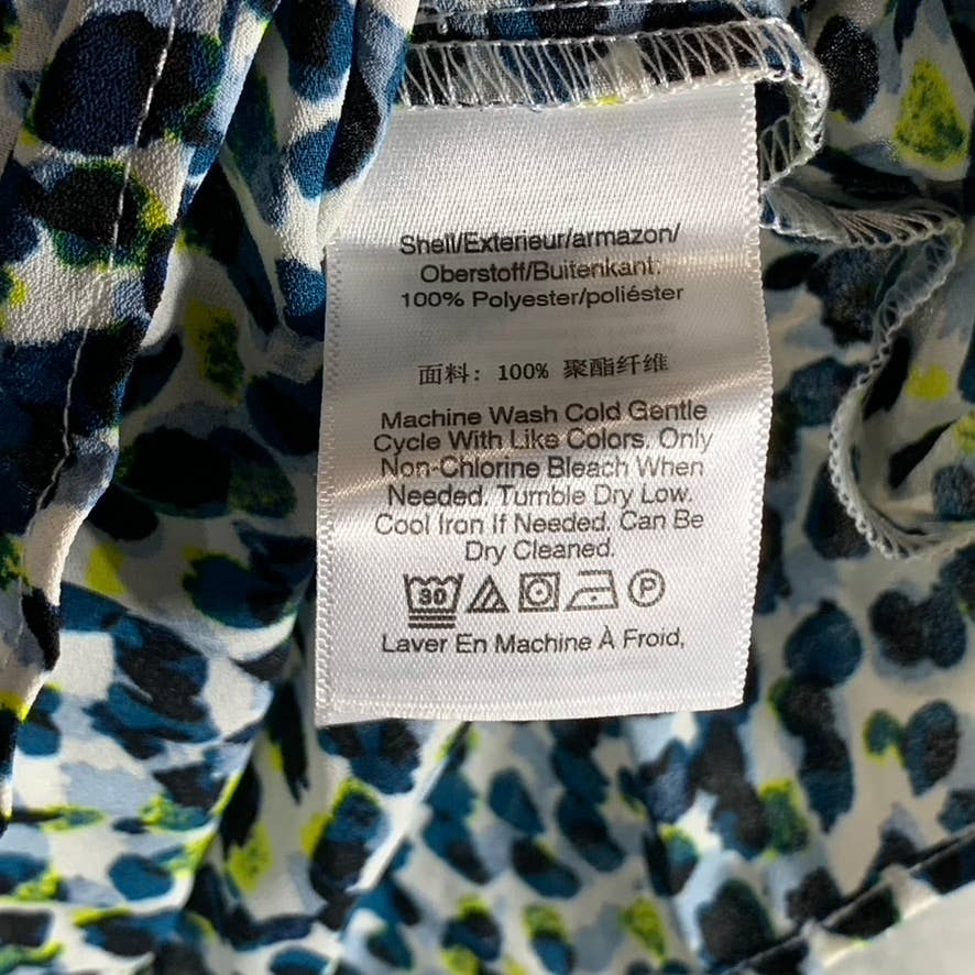 DKNY Women's Blue Animal-Printed Pleated Crewneck 3/4 Sleeve Top SZ M