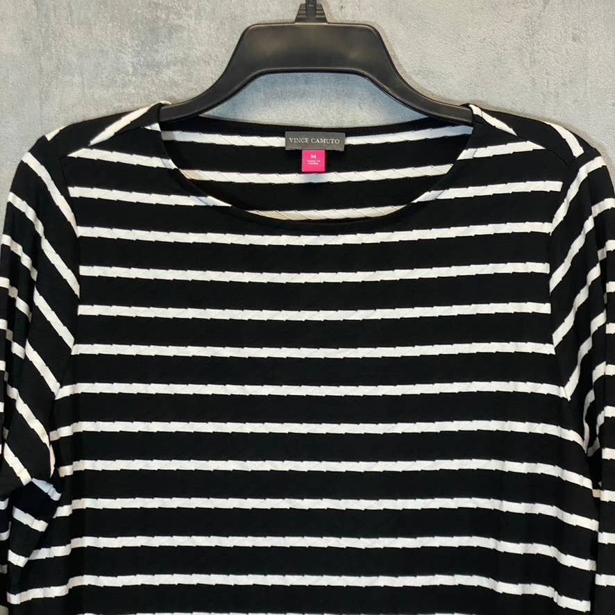 VINCE CAMUTO Women's Rich Black Striped 3/4 Sleeve Boatneck Sheer Hem Top SZ M
