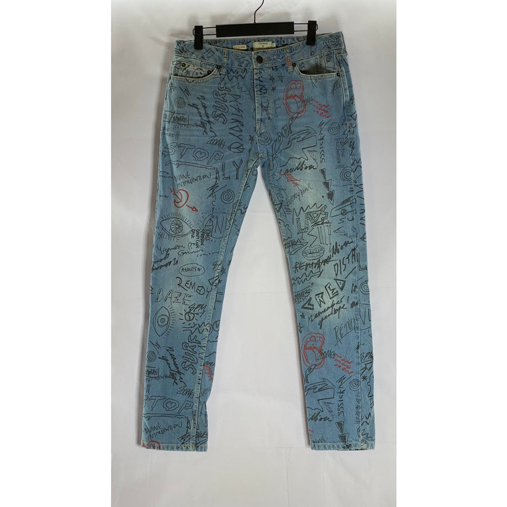 TOPMAN Men's Light Blue Doodle Print Stretch Skinny-Leg Five-Pocket Jean SZ 32S
