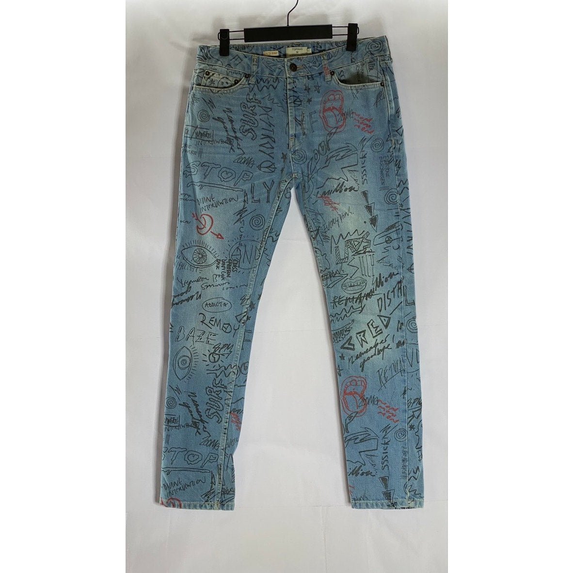 TOPMAN Men's Light Blue Doodle Print Stretch Skinny-Leg Five-Pocket Jean SZ 32S