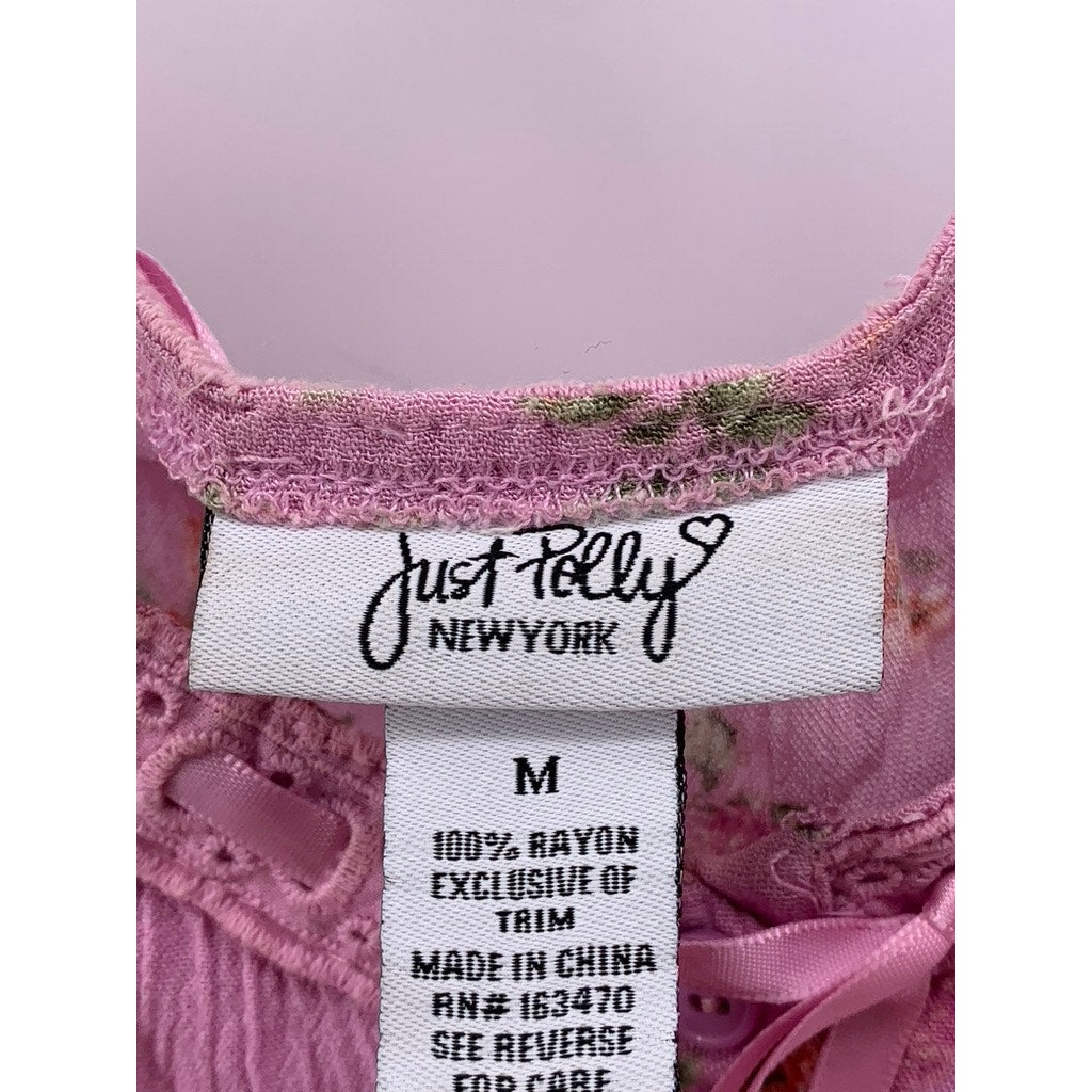 JUST POLLY Juniors' Pink Floral Printed Ribbon Trim Top SZ M