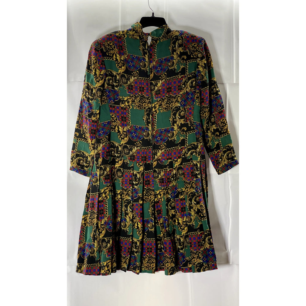 Women's Green/Tan Printed Wool Tie-Neck Long-Sleeve Fit & Flare Dress SZ M