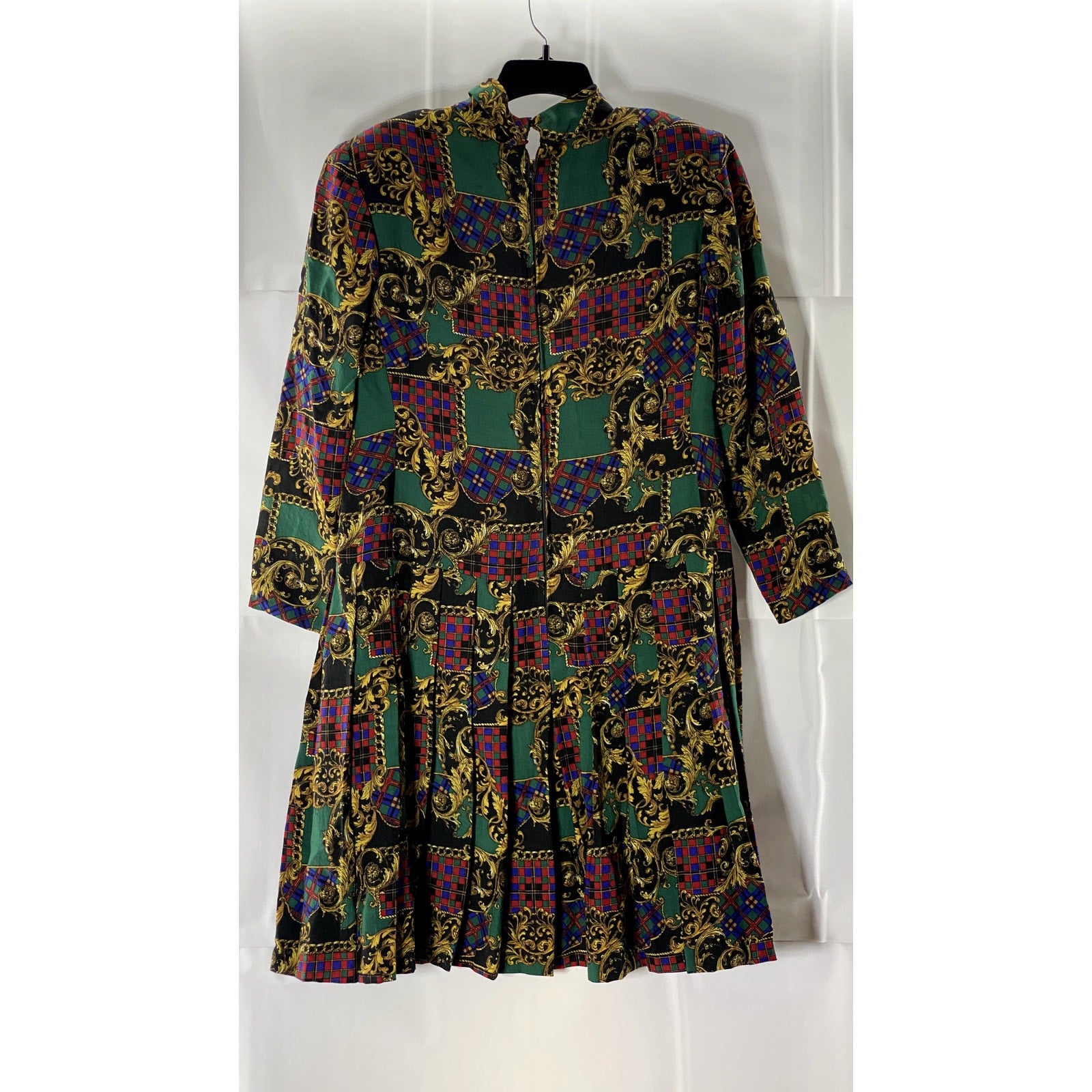Women's Green/Tan Printed Wool Tie-Neck Long-Sleeve Fit & Flare Dress SZ M