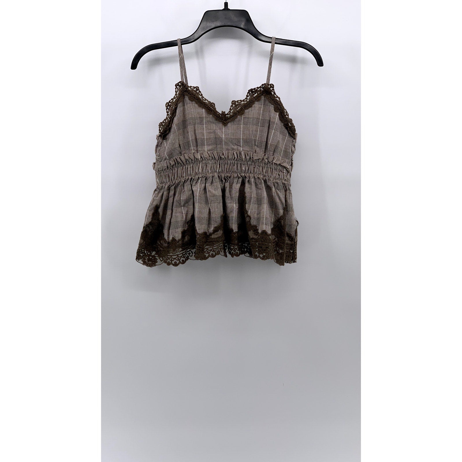 GROOVE Women's Brown Lace-Trim Plaid V-Neck Ruffle Camisole Top SZ S