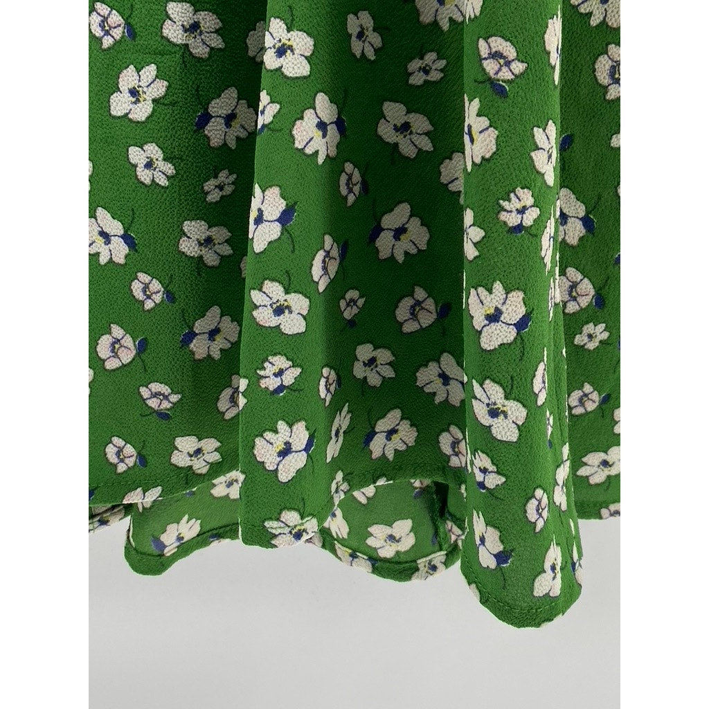 UNBANDED Women's Green Floral V-Neck Button-Up Ruffle Elbow Sleeve Dress SZ M