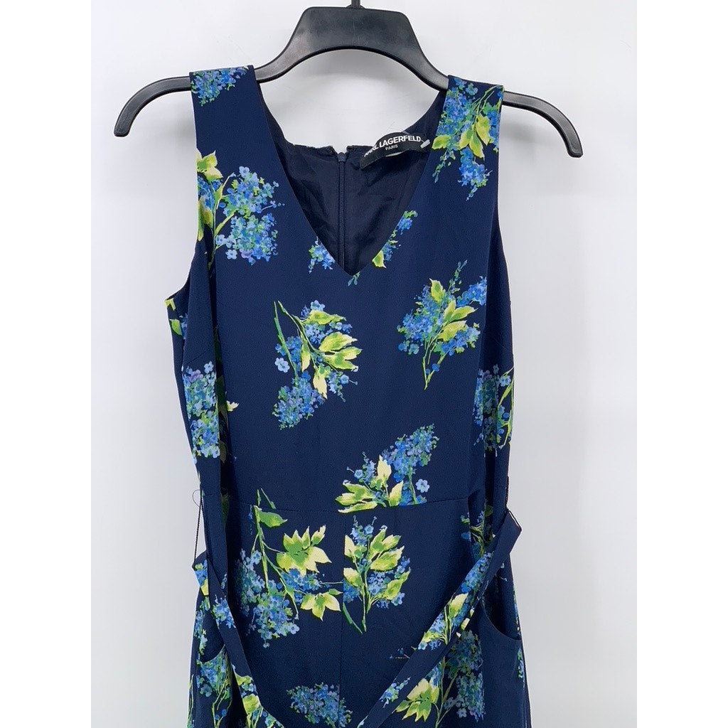 KARL LAGERFELD Women's Blue Floral V-neck Sleeveless Belted Maxi Dress SZ 4