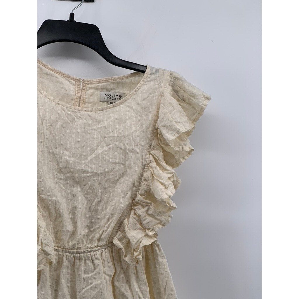 MOLLY BRACKEN Women’s Beige-White Ruffle Open-Back Dress SZ S