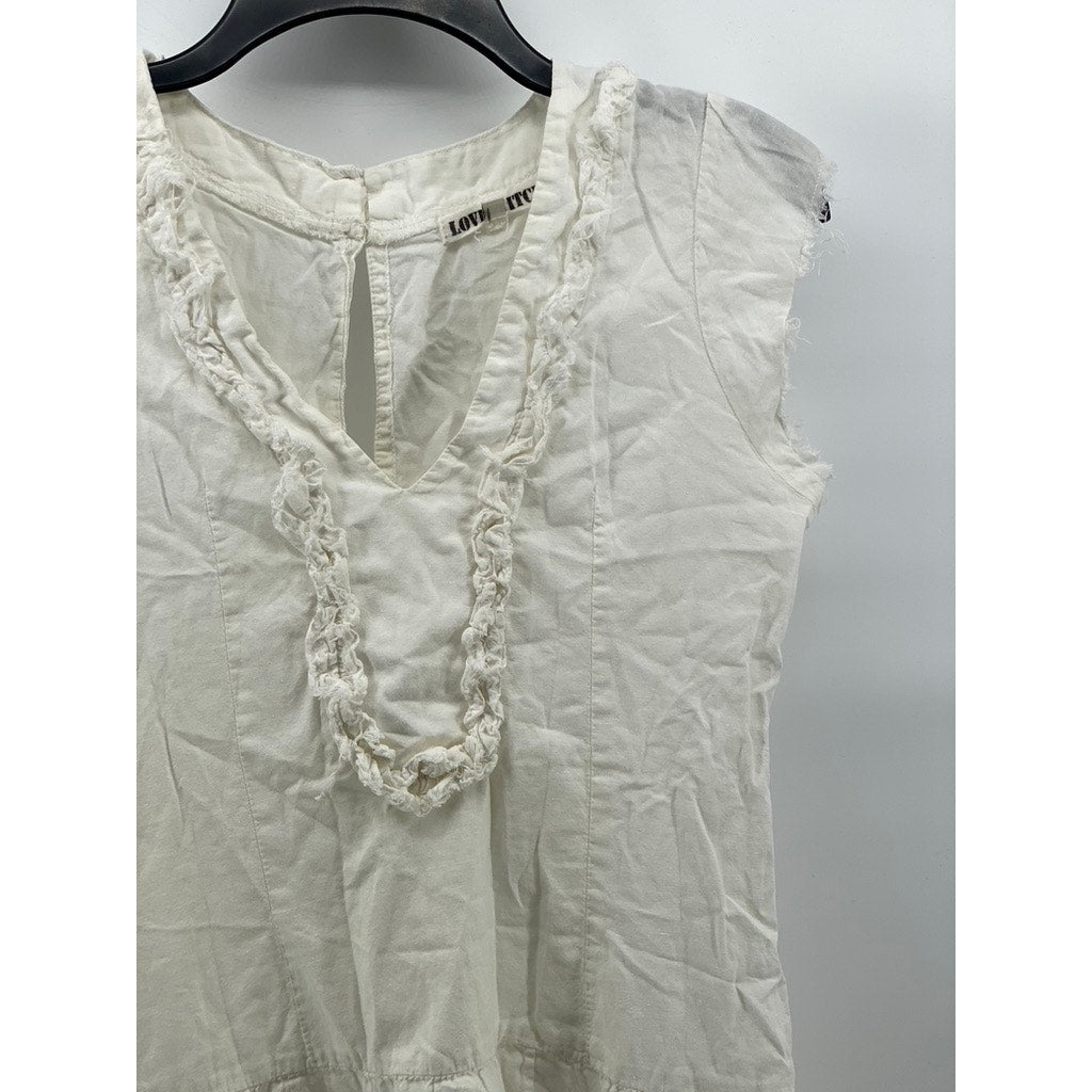 LOVESTITCH Women's White Ruffle V-Neck Raw Short Sleeve Tiered Mini Dress SZ M