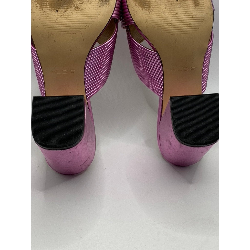 ALDO Women's Pink Metallic Round Peep-Toe Slip-On Block Heel Sandals SZ 7.5