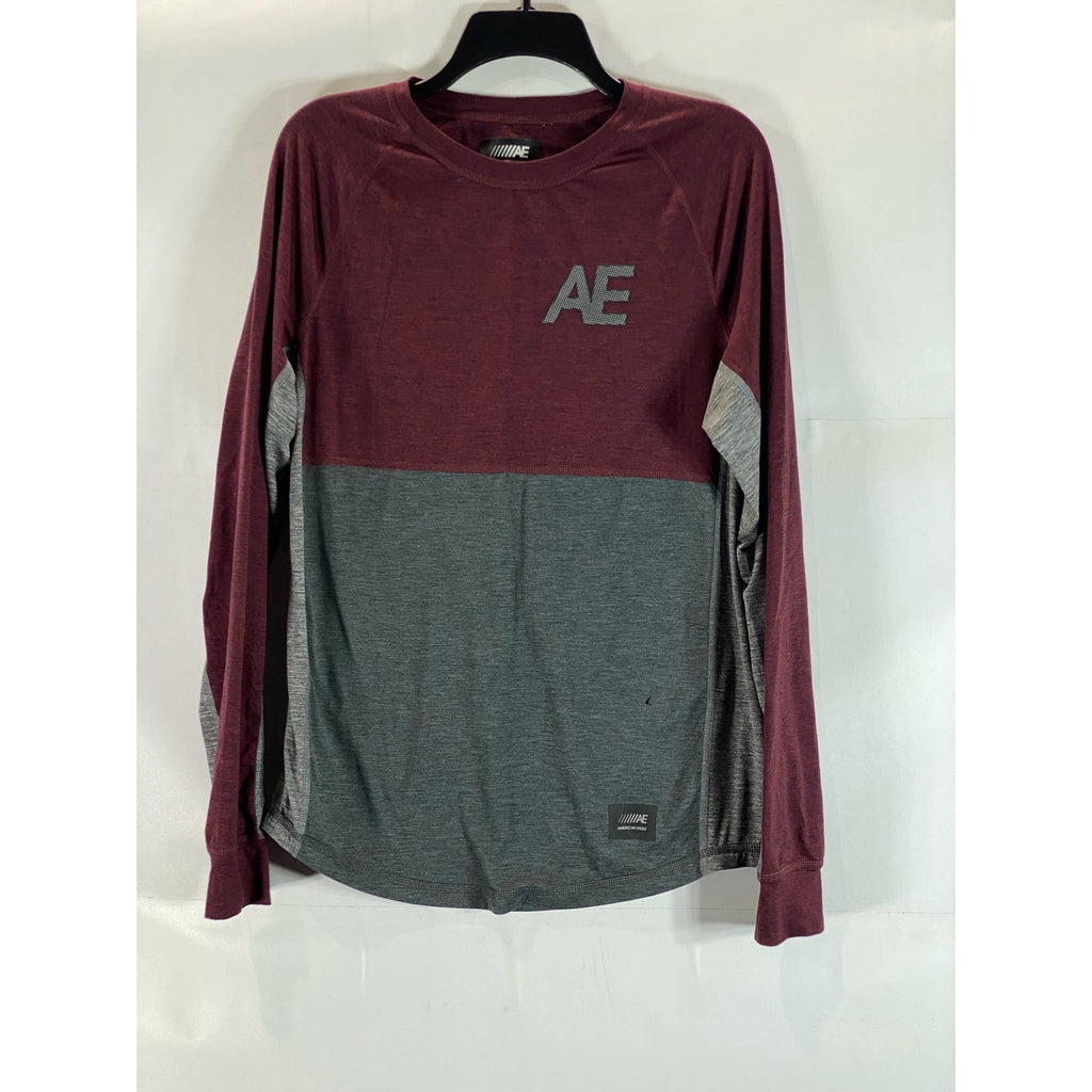 AMERICAN EAGLE Men's Burgundy/Grey Colorblock Crewneck AE Flex T-Shirt SZ S