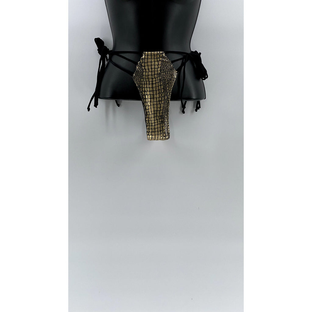 SHEIN Women's Black-Gold Snake Skin Strappy Side-Tie Bikini Bottom SZ L