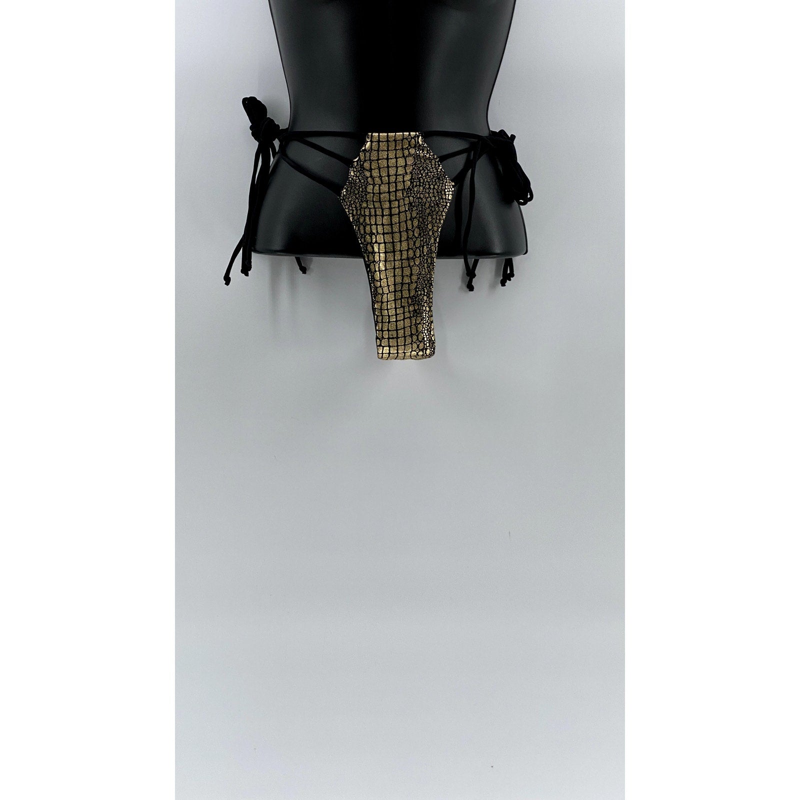 SHEIN Women's Black-Gold Snake Skin Strappy Side-Tie Bikini Bottom SZ L