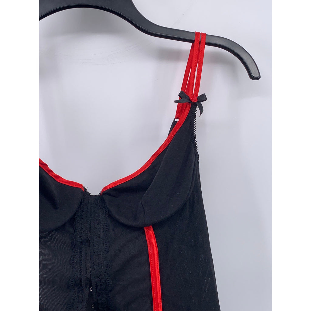 INTIMISSIMI Women's Black-Red Mesh Double Spaghetti Strap Hook Corset Top SZ M