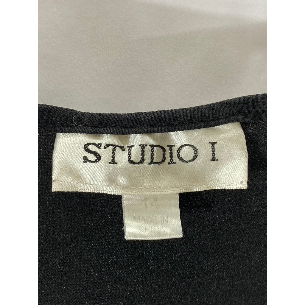 STUDIO I Women's Black Scoop-Neck Sleeveless A-Line Midi Dress SZ 14