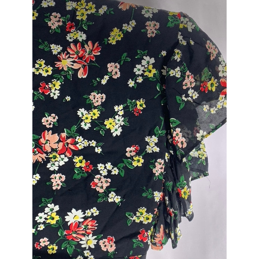 JILL JILL STUART Women’s Black Floral Flutter Sleeve Wrap Crop Top SZ S